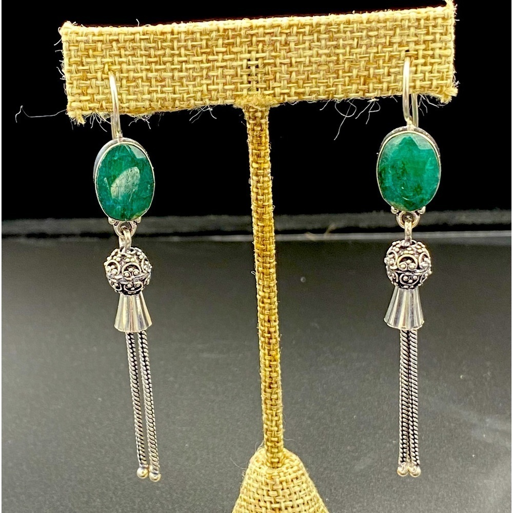 STERLING green carnelian bohemian tassel earrings 3”